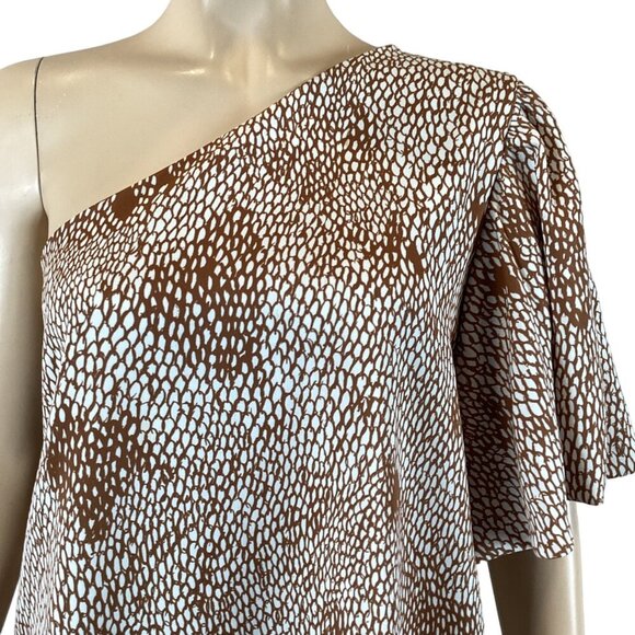 Vici One-Shoulder Brown & White Printed Top Size Small Elegant Flutter Sleeve - Picture 7 of 8